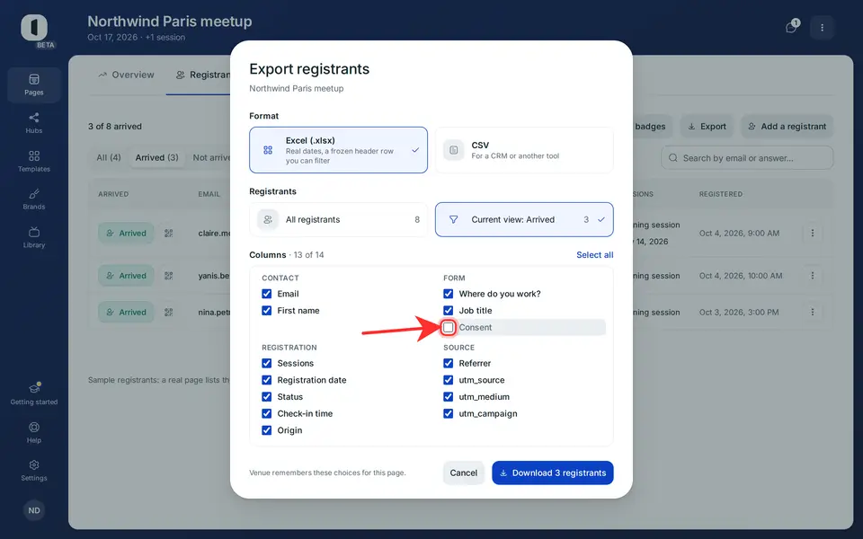 Untick the columns to leave out. They come in four groups (Contact, Form, Registration and Source), and the counter says how many you keep. “Deselect all” clears every box if you would rather start from none.