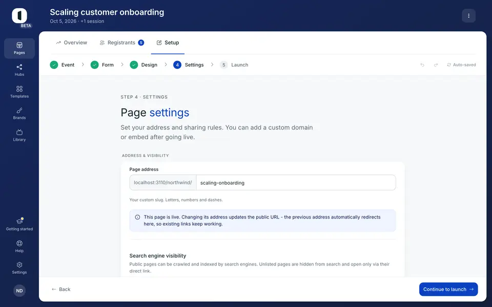 Open your page in the builder, on step 4 · Settings. The “Require approval” block sits below the access rules (free pages only).