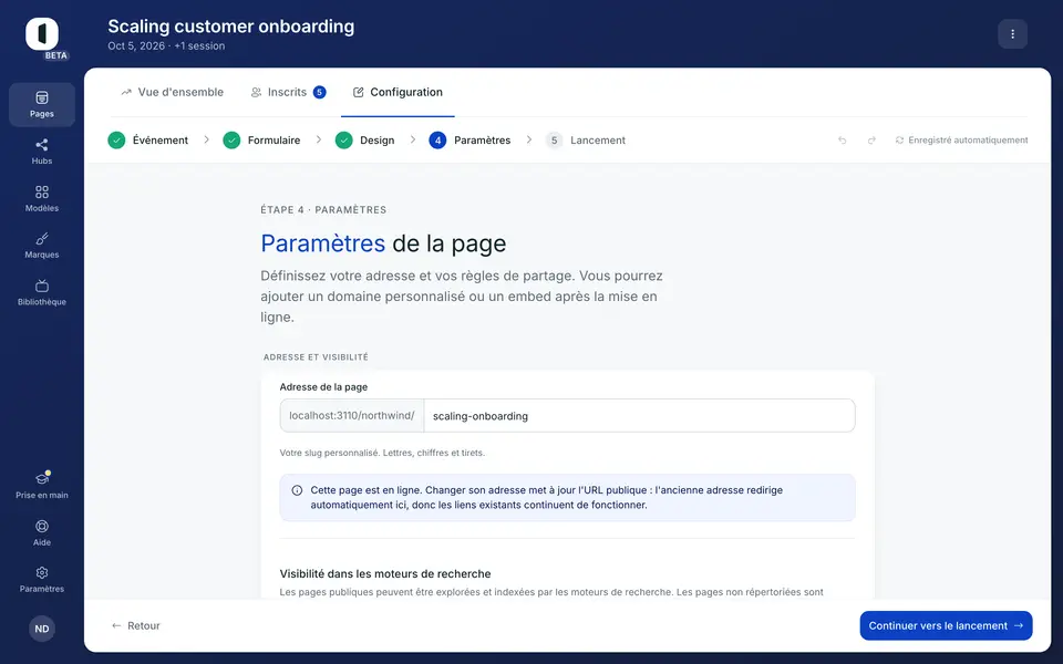 Ouvrez votre page dans le builder, à l'étape 4 · Paramètres. Le bloc « Approbation requise » se trouve sous les règles d'accès (pages gratuites uniquement).