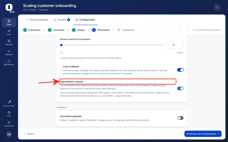 Interrupteur Approbation requise dans les paramètres de page Venue