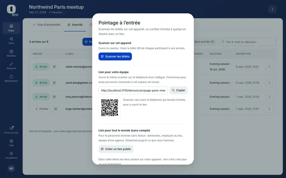 Scanner de billets QR Venue prêt à pointer un participant