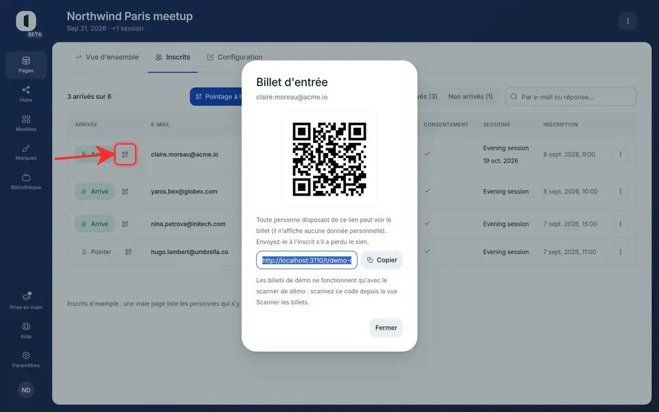 La copie organisateur d'un billet, réouverte depuis la ligne de l'inscrit.