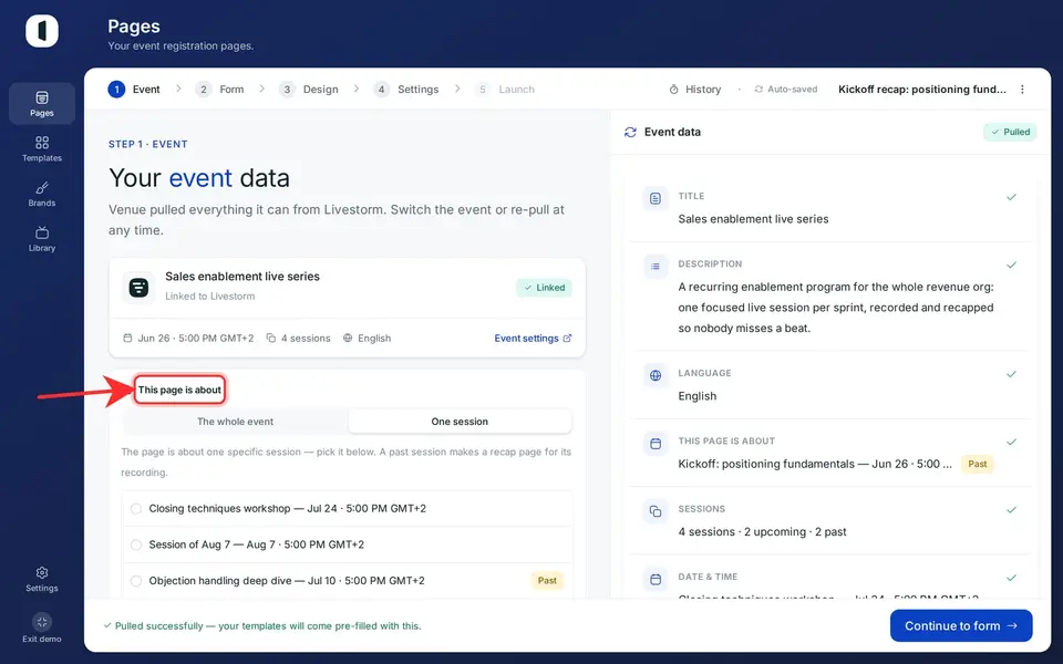 On step 1 · Event, once the event data is pulled, find the “This page is about” block under the event card.