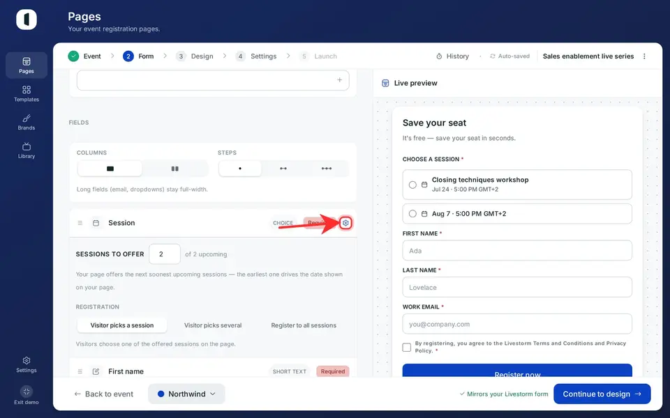 On step 2 · Form, open the “Session” row’s config (the settings icon) to set “Sessions to offer” — how many upcoming sessions the page presents.