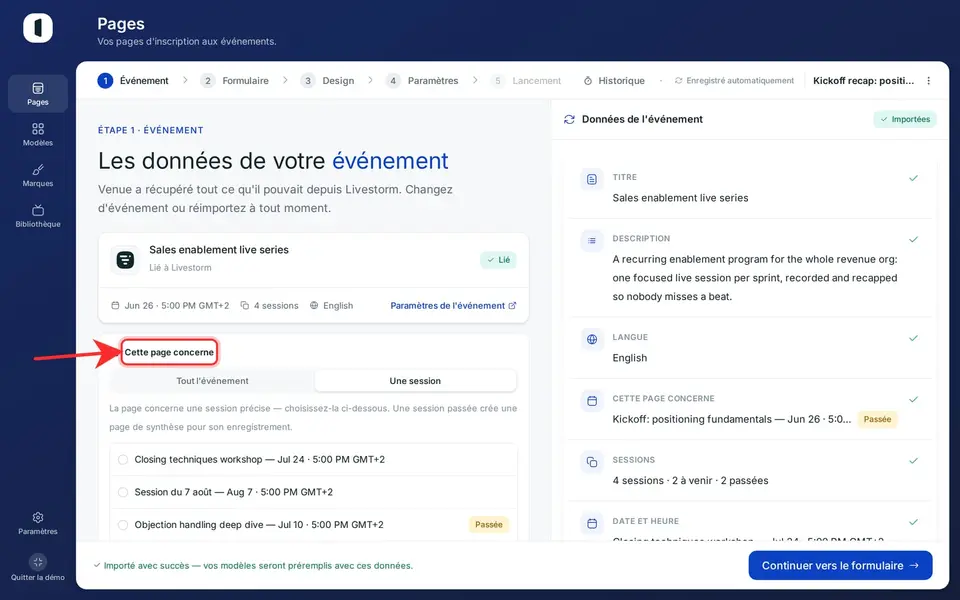À l'étape 1 · Événement, une fois les données de l'événement importées, repérez le bloc « Cette page porte sur » sous la carte de l'événement.