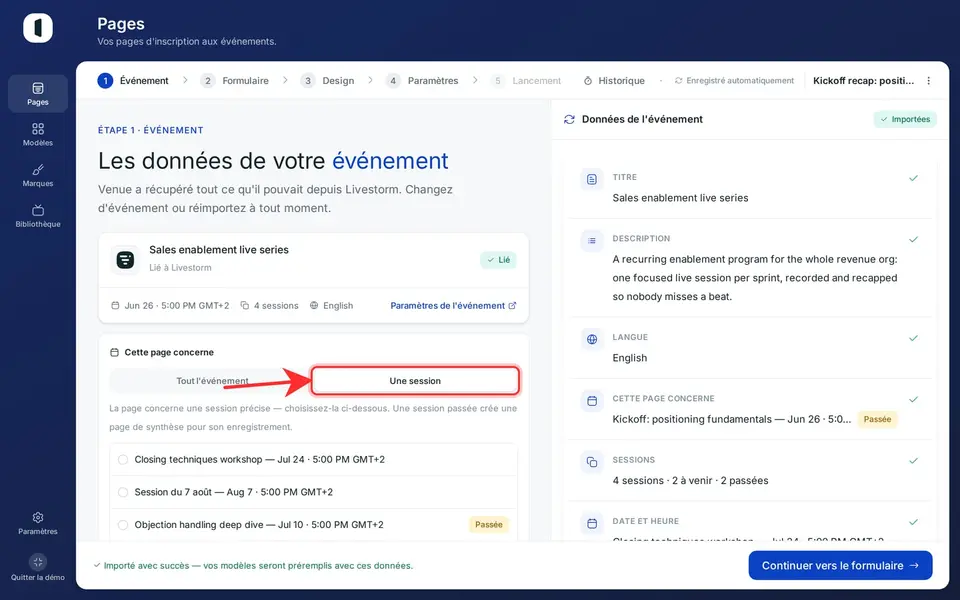 Choisissez « L'événement entier » (la ou les prochaines sessions à venir déterminent la date affichée) ou « Une session » pour la lier à une session précise.
