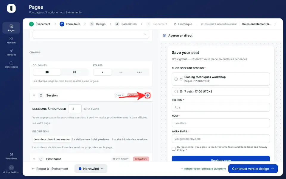 À l'étape 2 · Formulaire, ouvrez la configuration de la ligne « Session » (l'icône réglages) pour choisir « Sessions à proposer » — le nombre de prochaines sessions offertes.