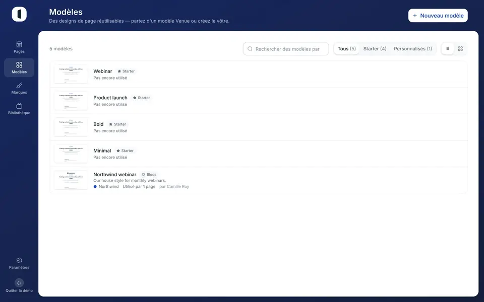 Ouvrez l'onglet Modèles. Vous y retrouvez les Starters Venue et vos modèles personnalisés, avec les filtres Tous / Starter / Personnalisés.