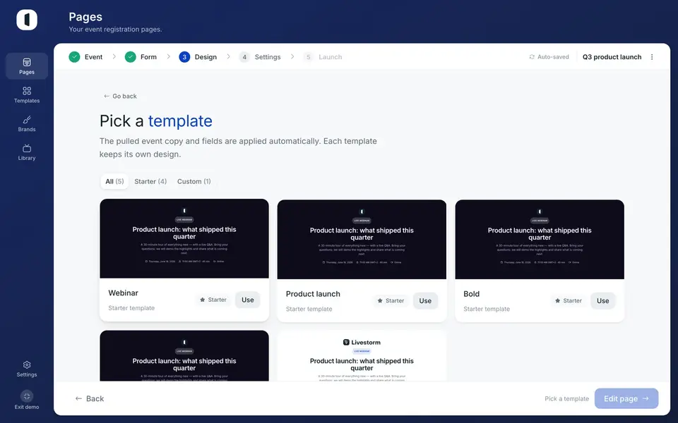 The imported event content and fields are applied automatically; each template keeps its own design.