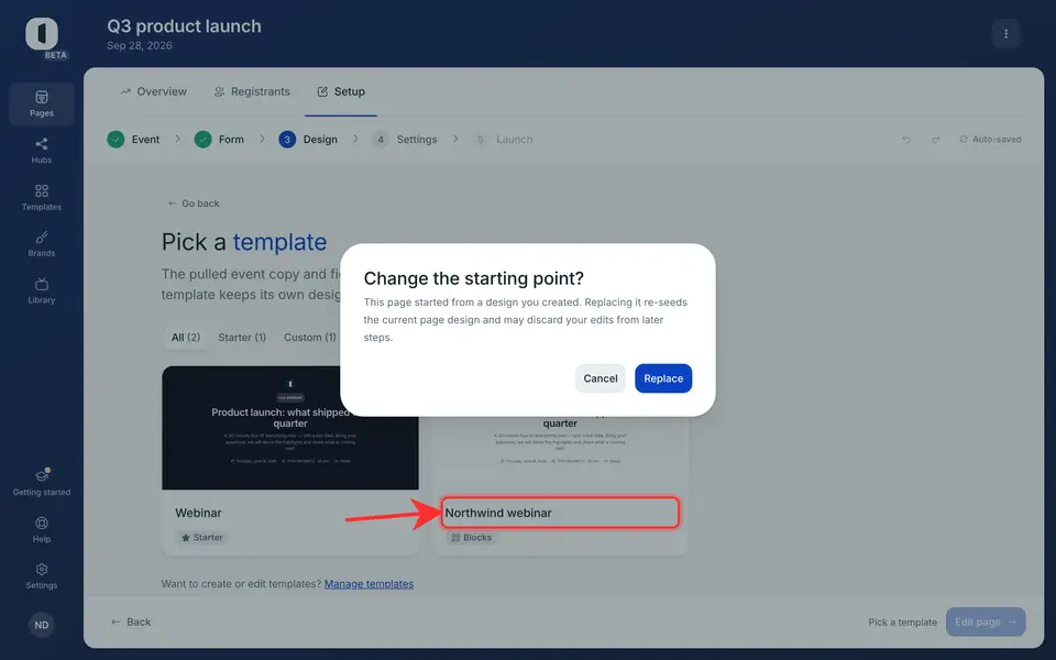Click a card: the page adopts that template’s design and opens in the editor. When the page already has a design, Venue asks first (“Change the starting point?”): “Replace” applies the template.