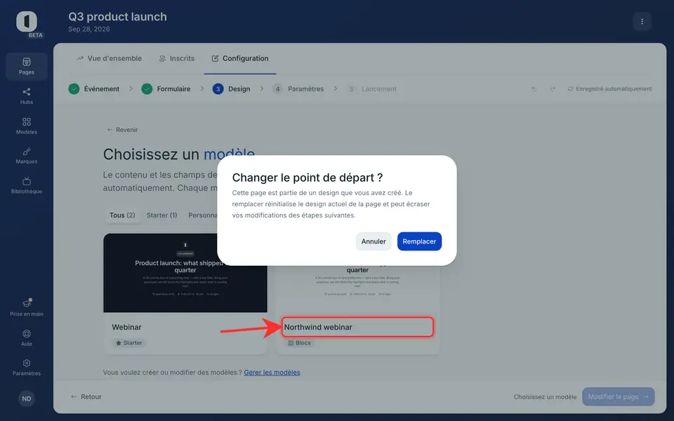 Cliquez sur une carte : la page adopte le design de ce modèle et s'ouvre dans l'éditeur. Si la page a déjà un design, Venue demande d'abord confirmation (« Changer le point de départ ? ») : « Remplacer » applique le modèle.