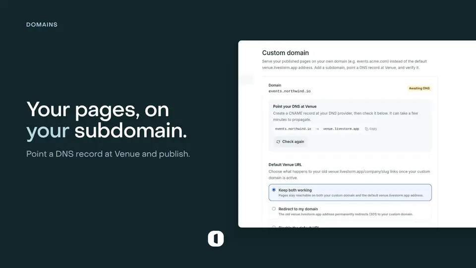 The Custom domain setting mid-setup, showing the CNAME record to create, the Awaiting DNS state, and what the default Venue URL does afterwards