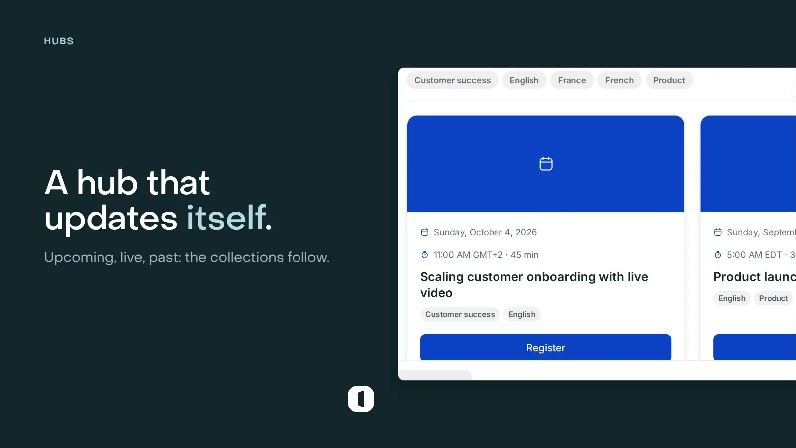 A hub’s event grid as a visitor sees it: the tag filters across the top, then event cards with their date, time, title, tags and Register button
