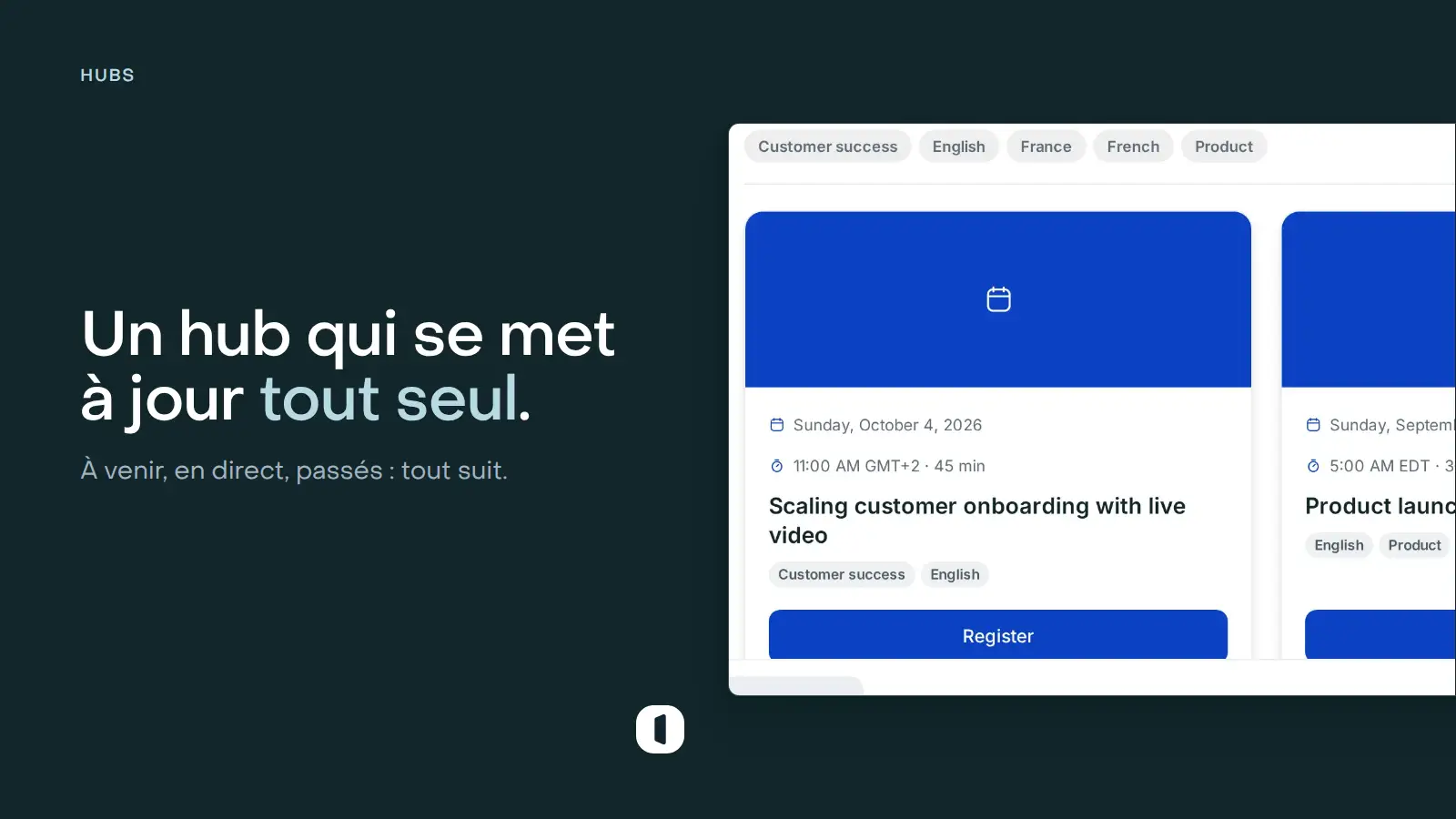La grille d’événements d’un hub telle qu’un visiteur la voit : les filtres par tag en haut, puis des cartes d’événement avec leur date, leur horaire, leur titre, leurs tags et leur bouton d’inscription