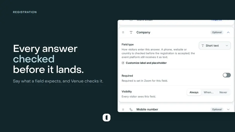 One field’s settings open in the page builder, its Field type set to Short text, above the Required toggle and the Always / When / Never visibility control