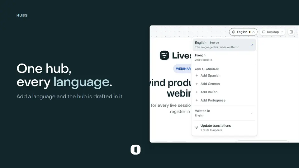 The language menu of a hub in the Venue builder, open on its source language, a French version left to translate, and the languages it can still take