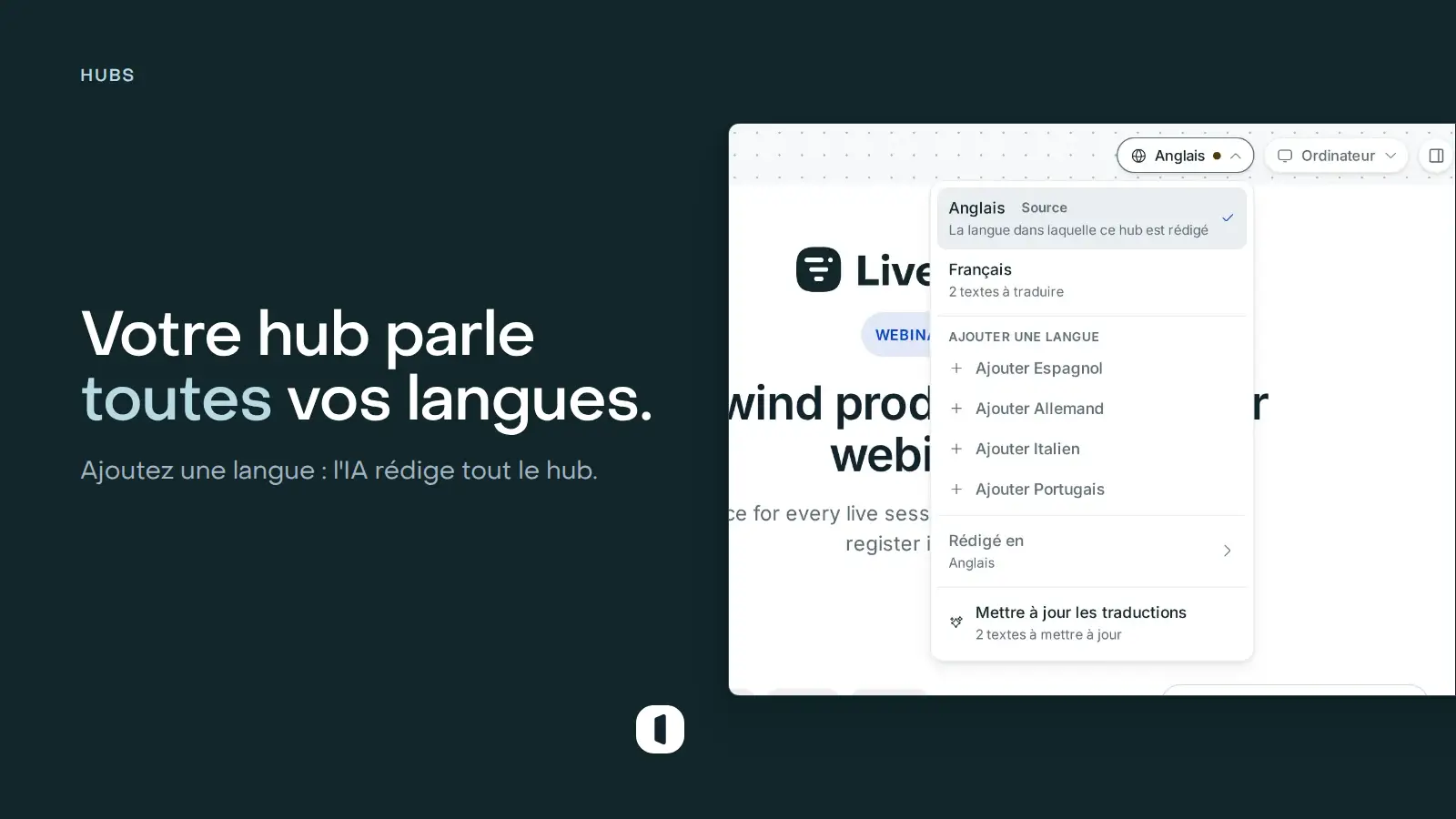 Le menu des langues d’un hub dans l’éditeur Venue : sa langue source, une version française à traduire, et les langues qu’on peut encore ajouter