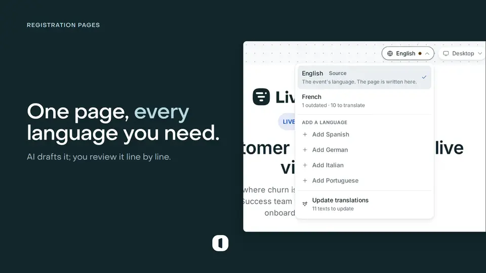 The page language menu open over the builder canvas: English marked as the source, French with what is outdated and what is left to translate, four more languages that can be added, and the action to update translations