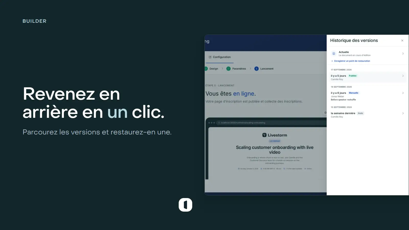 Le panneau d’historique des versions ouvert à côté d’une page, avec la version actuelle et les points de sauvegarde, et la façon dont chacun a été créé